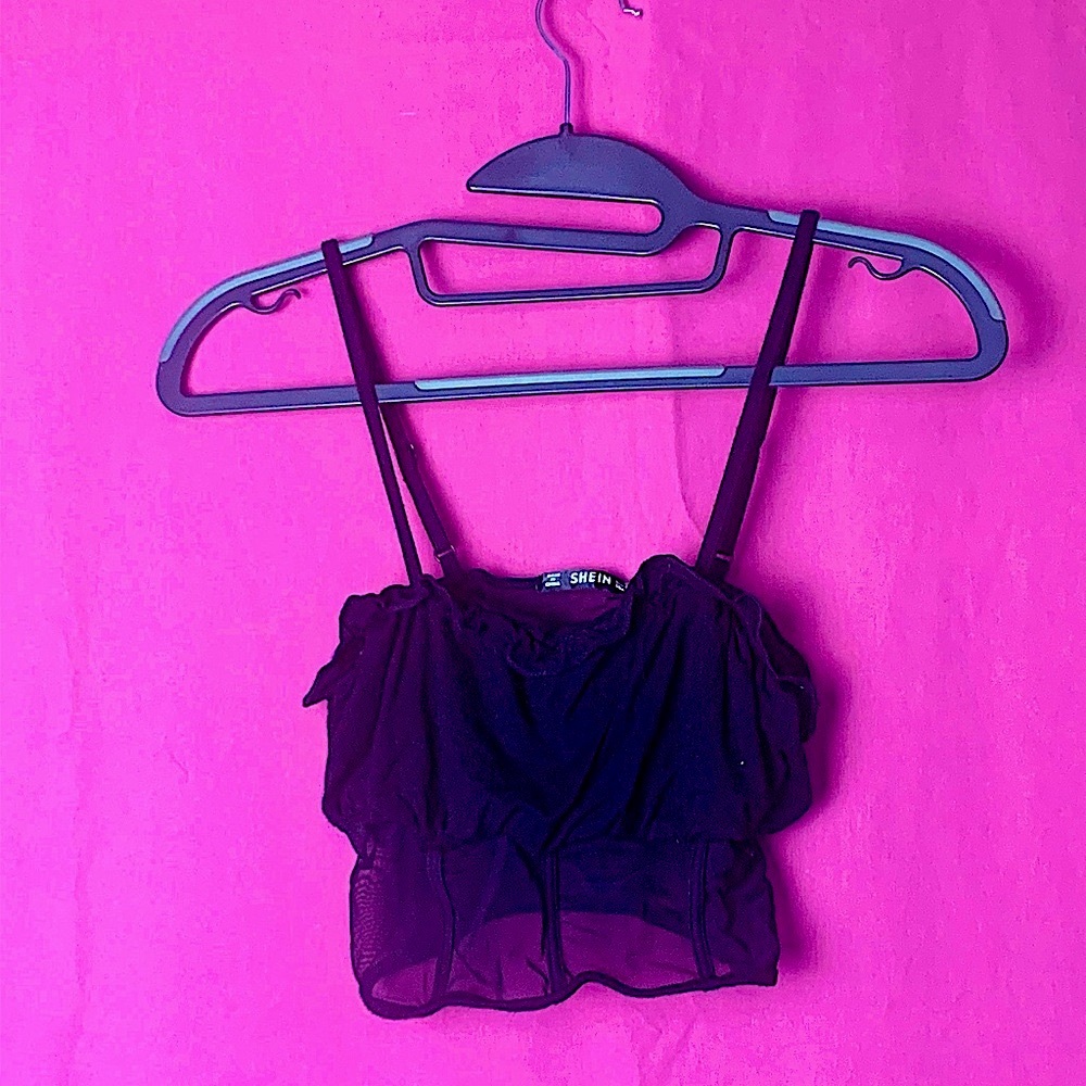 SHEIN Black Coset Mesh Ruffle Tank Top